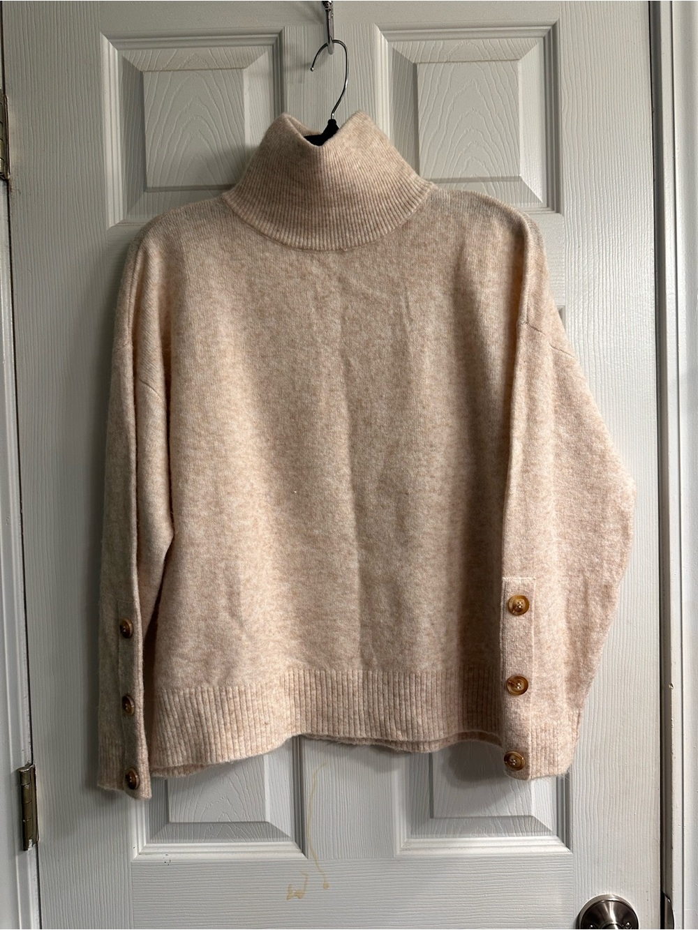 SUNCOO Neutral Beige Turtleneck Sweater with Button Cuffs
